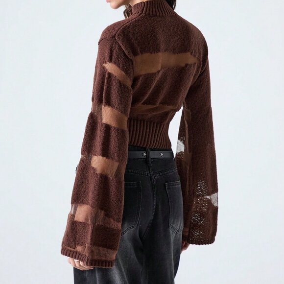 Brown Casual Women's Fashion Sheer Patchwork Flare Sleeve Cropped Sweater - Picture 3 of 7